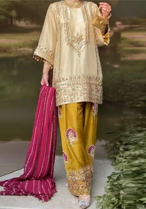 Yellow Embroidery Silk Blend Salwar Kameez
