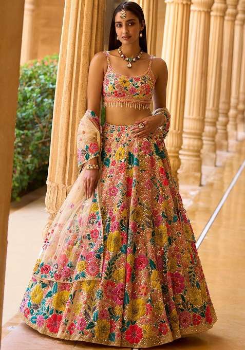 Multi Color Choli Georgette Lehenga with Embroidery for Diwali | Wedding & Festive Wear