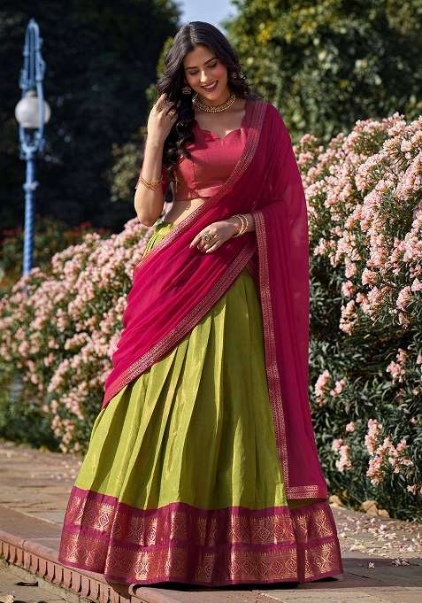Pista Zari Work Kanjivaram Lehenga Set for Diwali and Festive Wear