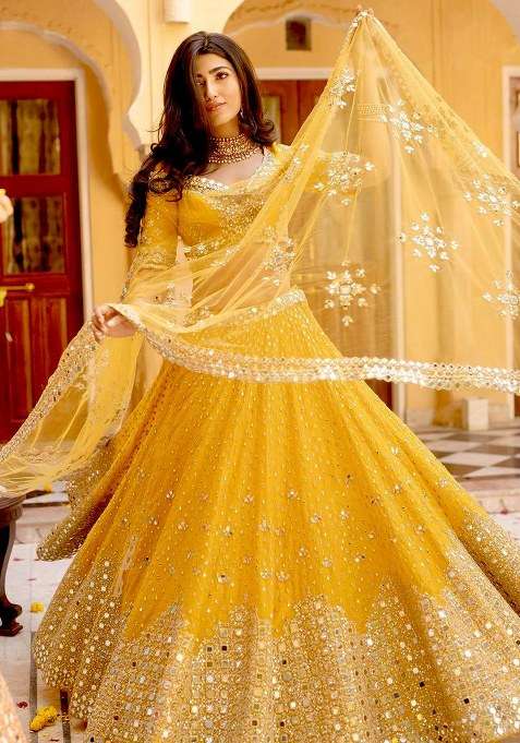 Yellow Georgette Lehenga Set with Mirror Work for Diwali | Wedding & Festive Wear