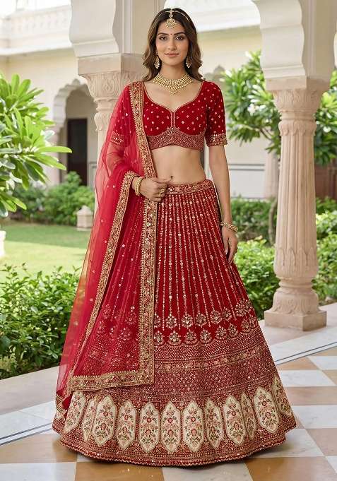 Maroon Organza Lehenga Set with Embroidery for Diwali | Wedding & Festive Wear