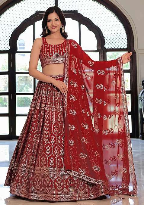 Maroon Georgette Lehenga Set with Embroidery for Diwali | Wedding & Festive Wear