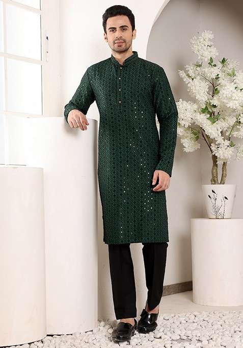 Dark Green Embellished Viscose Silk Blend Kurta For Men