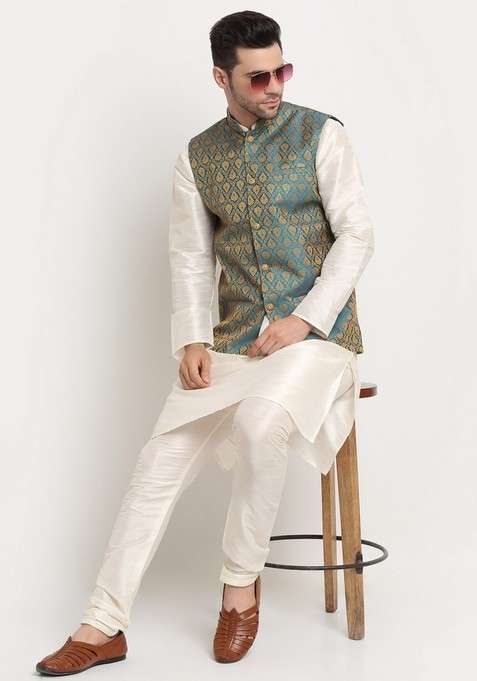 Cream And Blue Solid Silk Blend Nehru Jacket Set For Men