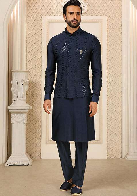 Navy Blue Sequence Embroidered Silk Blend Kurta Set For Men