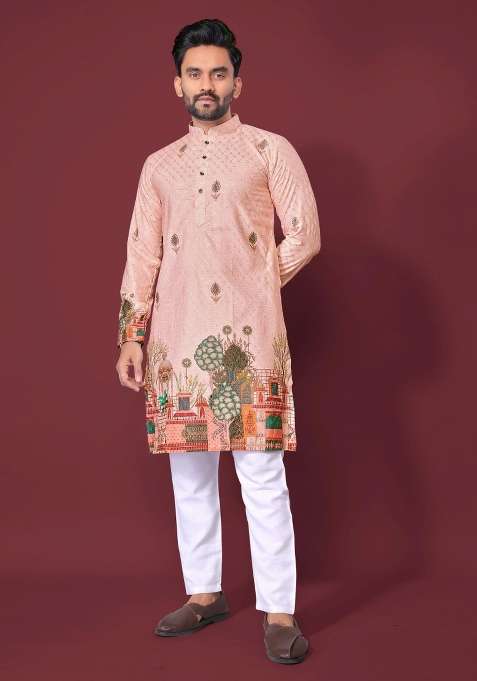 Pink Embroidered Cotton Kurta With Pyjama For Men