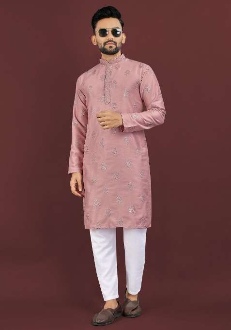 Pink Embroidered Silk Blend Kurta For Men