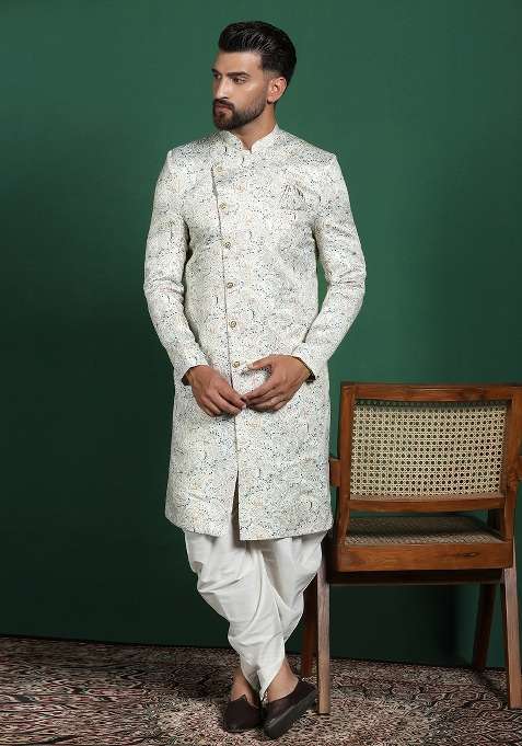 Cream Paisley Cotton Blend Sherwani Set For Men