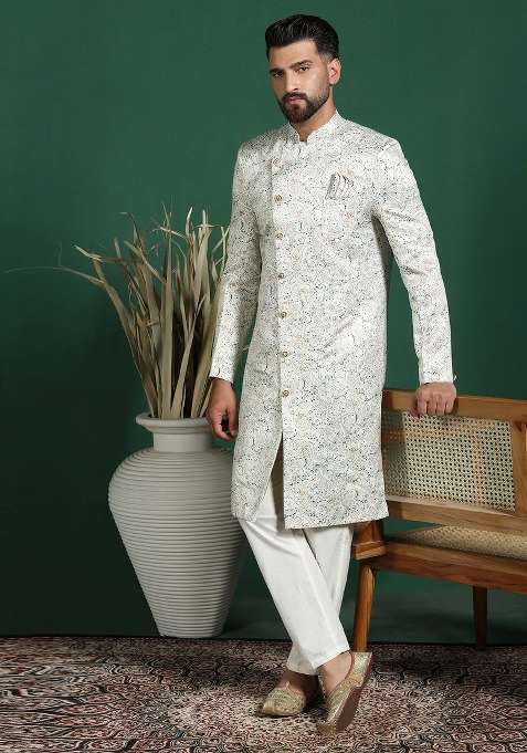 Cream Paisley Cotton Blend Sherwani Set For Men