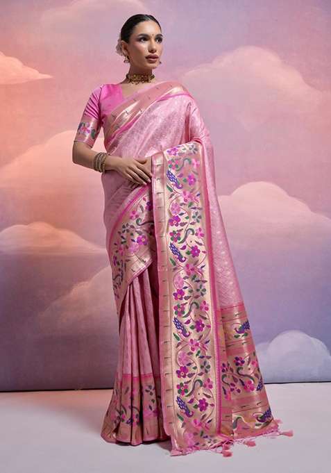 Baby Pink Solid Soft Banarasi Silk Saree Set for Diwali and Festive Wear