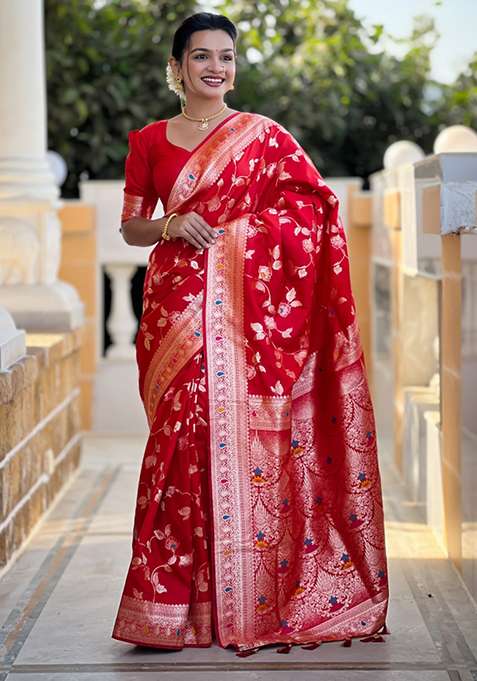 Red Weaving Silk Saree Set for Diwali | Wedding & Festive Wear