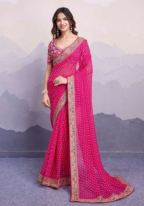 Pink Embroidered faux georgette Saree Set for Diwali and Festive Wear