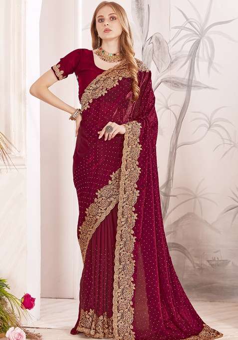 Maroon Sequence Work Silk Blend Saree Set for Diwali | Wedding & Festive Wear
