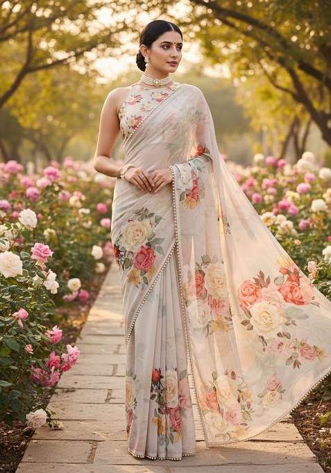 Off-White Printed Georgette Saree for Diwali and Festive Wear