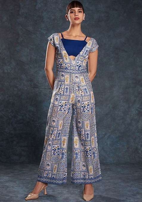 Navy Blue Printed Poly Blend Jumpsuit