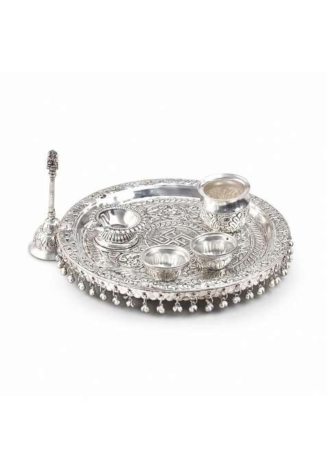 MLS Handicrafts Premium Handcrafted German Silver Pooja Thali Set with Swastik Engraving