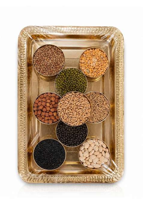 Kerala Sacred Navadanya Set with Brass Thali 9 Sacred Grains in 9 Metal Bowls for Navagraha Pooja