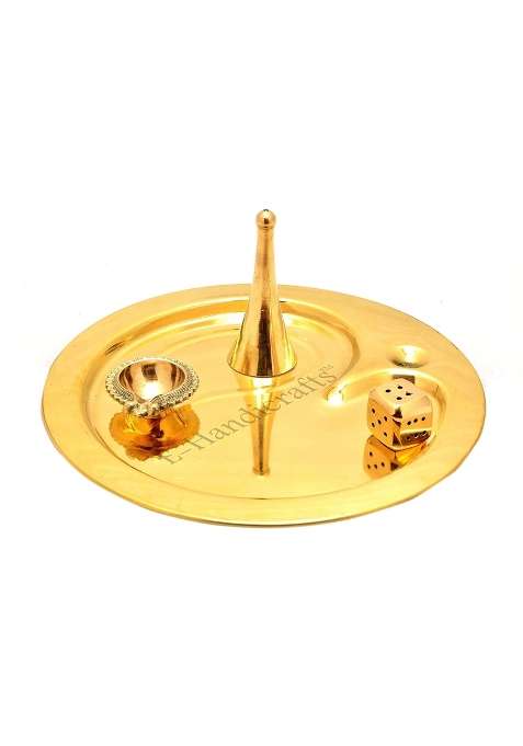 E Handicrafts OM Design Pure Brass Pooja Thali Set 9 Inch Gold