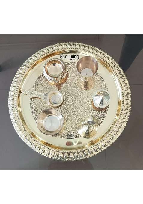 Alluring Homz Gold Pure Brass Pooja Thali Set with Floral Vines Embossed Design Religious Spiritual Item