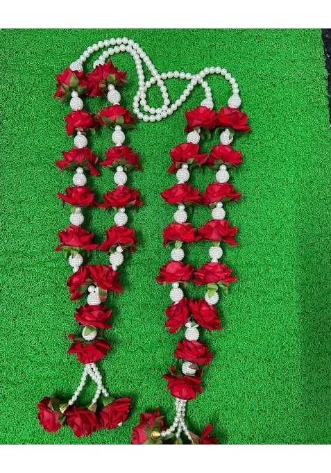 Artificial Red Rose Flower Garland with Pearl Beads Wedding Decorative Varmala White Crochet Balls
