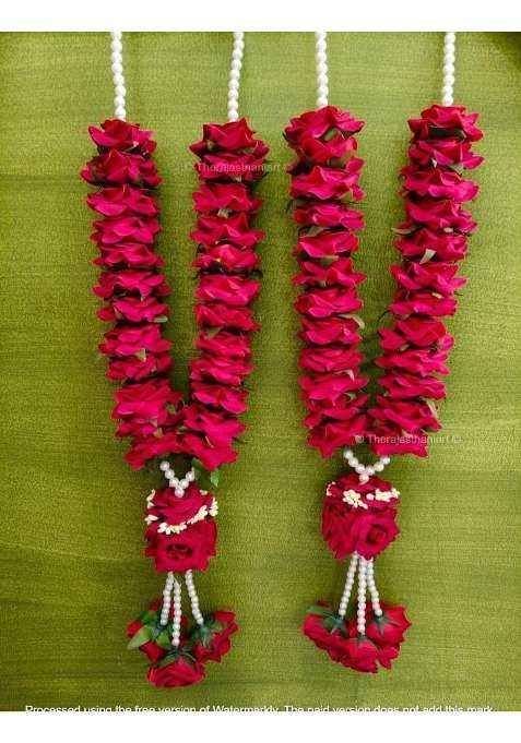 Traditional Red Rose Wedding Varmala Garland with Pearl Beads Artificial Flower String Wedding Varmala