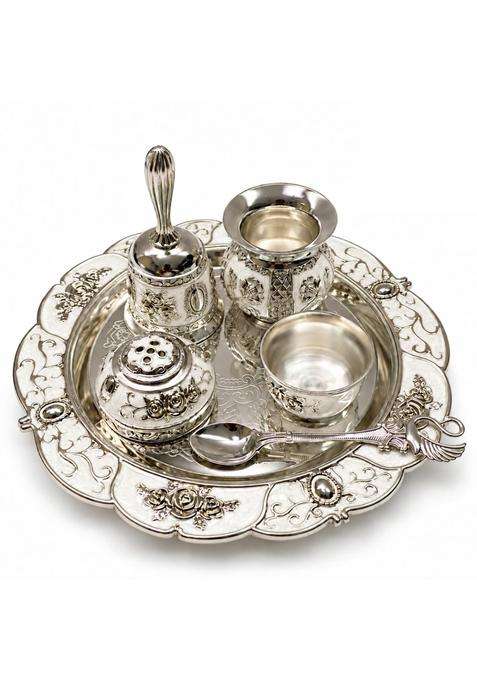 Aura and Hues German Silver Puja Thali Set with Pooja Accessories Decorative Aarti Thali
