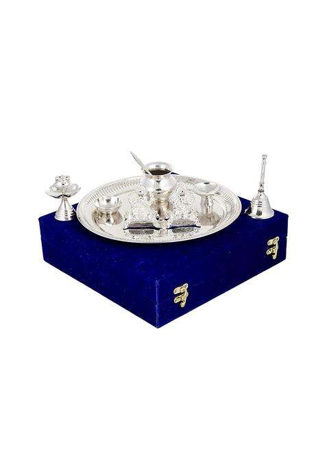 Giftcity Silver Plated Laxmi Ganesh Idol Murti with Pooja Thali Set Decorative Showpiece Set of 9