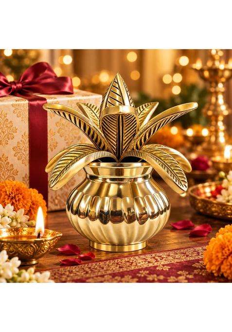 Metal Bells India Brass Kalash with Coconut and Shriphal Leaves for Pooja