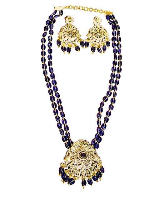 Traditional Gold Plated Jewelry Set with Blue Beaded Necklace and Earrings Antique Floral Design