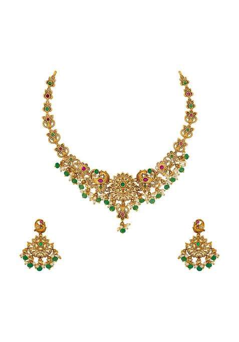 Kushals Fashion Jewellery Ruby Green Gold Plated Antique Necklace Set with Hanging Earrings for Women