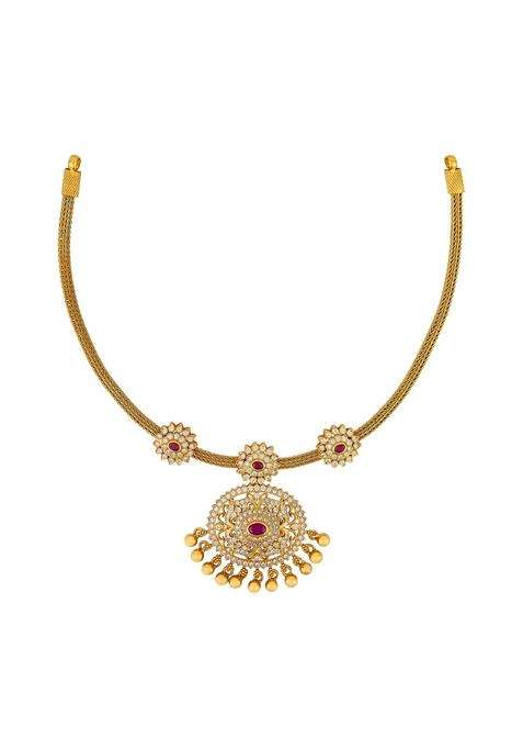 Kushals Fashion Jewellery Ruby Gold Polished 925 Silver Temple Necklace Best for Festive and Special Occasion