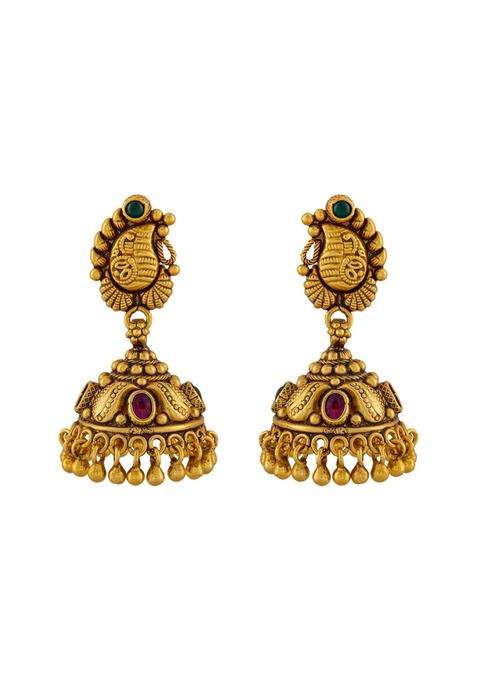 Kushals Fashion Jewellery Ruby Green Oxidised Gold Plated 925 Silver Temple Jhumka Earrings for Women