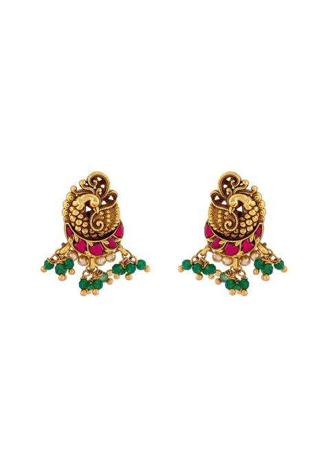 Kushals Fashion Jewellery Ruby Green Oxidised Gold Plated 925 Silver Temple Stud Earrings for Women