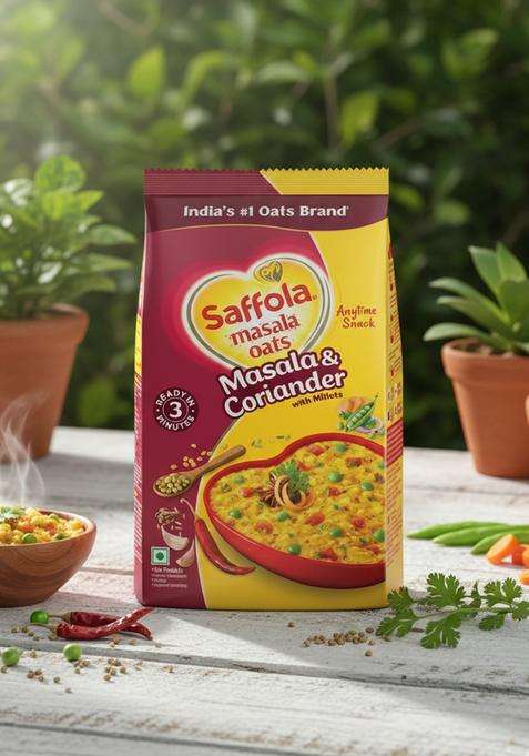 Saffola Masala Oats | 550G Coriander Tasty, Anytime Snack Ready In 3 Mins Millets Goodness- With Ragi & Jowar No Maida , Added Preservatives Helps Manage Weight