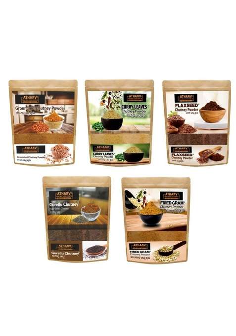 Atharv Home Made Products Combo Chutney Powder I Groundnut Gurellu Flax Seed Curry Leaves Fried Gram 100 Handmade Organic Authentic Taste Pack Of 5 1000