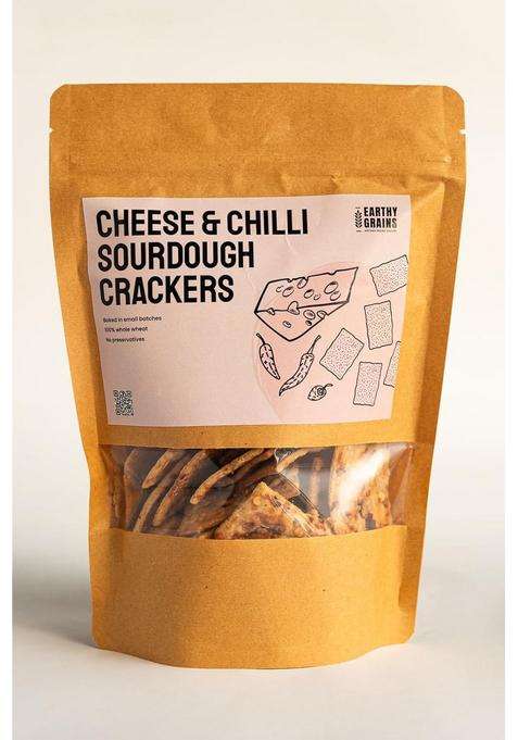 Earthy Grains Cheese & Chilli Sourdough Crackers, 100% Whole Wheat, Preservative-Free