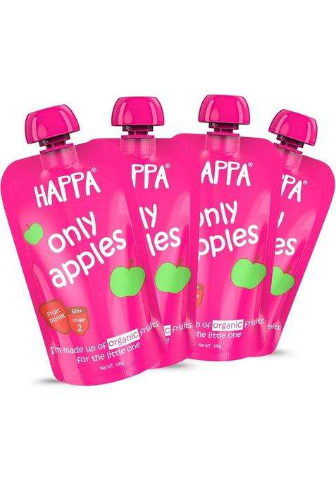 Happa Organic Baby Food Apple Puree | 100% Fruits No Added Sugar, Milk Powder, Preservatives Stage 2 (6 Months+) Ready To Eat Free From Common Allergens Pack Of 4 (100G Each)