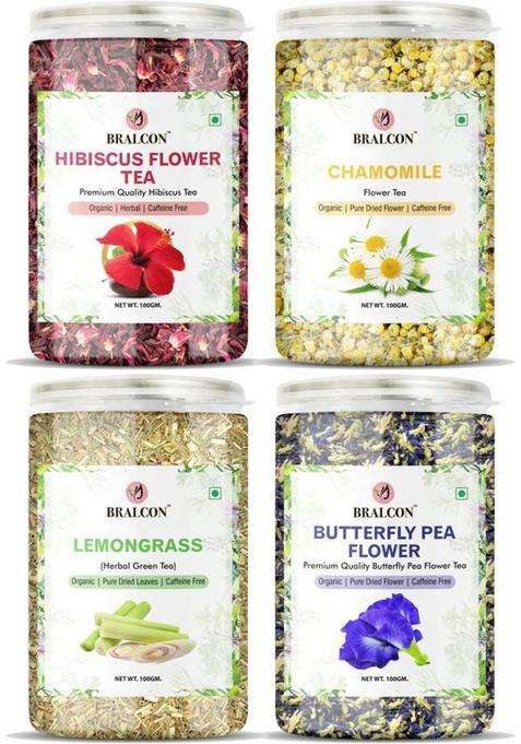 Bralcon Organic Hibiscus Tea, Butterfly Pea Flower Tea, Chamomile Tea, Lemongrass Tea | Herbal Tea Plastic Bottle&nbsp;&nbsp;(4 X 100 G)
