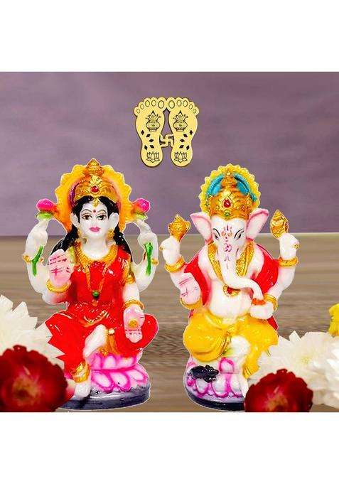 Kitlyn Maa Lakshmi With God Ganesh Resin Statue - Mata Laxmi Ji Charan Decorative Showpiece - 12 Cm(Resin Multicolor)
