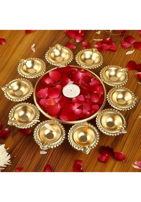ZUNISHOP Urli Golden Shiny Finish 10 Diyas Decorative Iron Table Diya(Height 10 inch)