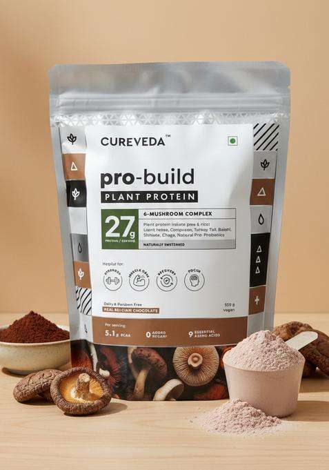 Cureveda Pro-Build Plant Protein Powder | 27G Vegan + 6 Mushrooms 5.1G Bcaa & Digestive Enzymes Cordyceps, Lion’S Mane, Reishi, Chaga, Shiitake, Turkey Tail Chocolate 500G